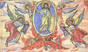 L 'Evangéliaire de Rabula (VIème siècle) - Représentation du Christ debout dans une mandorle portée par les anges.